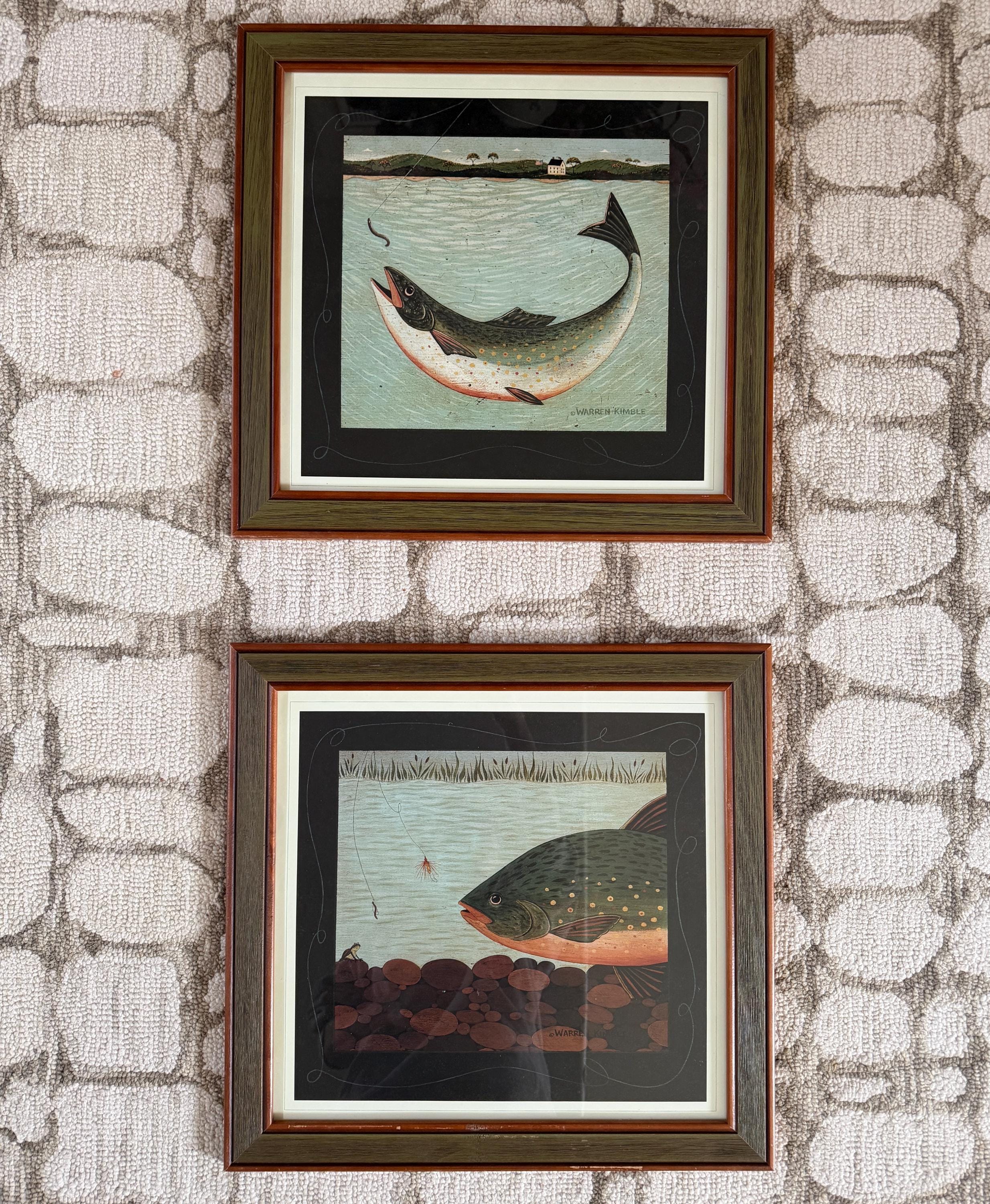 2 Vintage Framed Warren Kimble Fish Prints, Folk Art, Primitive