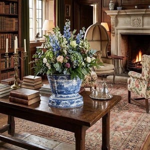 May include: A large blue and white ceramic pedestal bowl filled with a lush arrangement of blue delphiniums, green hydrangeas, and white roses. The bowl features a detailed landscape pattern and sits on a dark wooden table in a library setting.