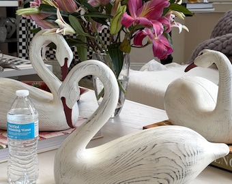 Hand-Carved Swan Sculpture-Rustic White Painted Wood Bird Decor