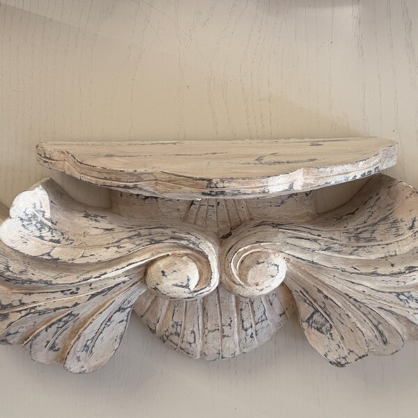 Distressed shabby chic corbel shelf, carved wood wall bracket