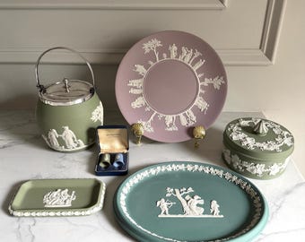 Wedgwood Jasperware tea set, candlesticks , Christmas thimbles