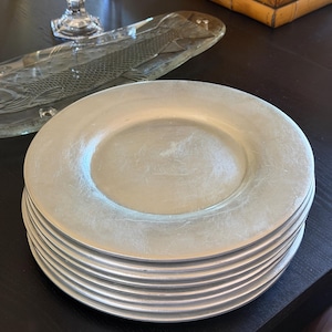 Vintage Pier 1 silver ceramic Charger Plates Set of 8, 13 Inch Gilded Metallic Dinnerware, Elegant Wedding Holiday Table Decor