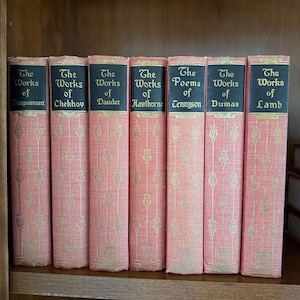 May include: A collection of antique books with pink covers and gold lettering. The spines are black with gold text, and the titles include "The Works of Maupassant," "Chekhov," "Daudet," "Hawthorne," "Tennyson," "Dumas," and "Lamb."