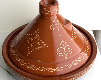 Large Glazed Moroccan Tagine Pot, Clay Stew Cooking Vessel 12 1/8 x 8