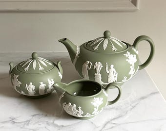 Wedgwood green Jasperware teapot creamer and sugar set