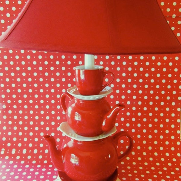 Red Teapot Lamp - Stacked Teapots with Tea Cup and Saucers