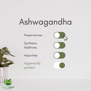 K&ouml;nnte beinhalten: Grafik mit dem Wort "Ashwagandha" oben. Darunter sind vier Kippschalter beschriftet: Konservierungsmittel, synthetische Zusatzstoffe, Verunreinigungen und hygienisch verpackt. Die ersten drei Schalter sind auf "ein" und der letzte auf "aus".