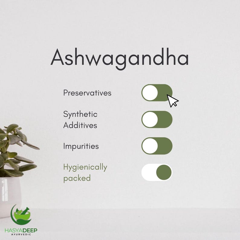 K&ouml;nnte beinhalten: Grafik mit dem Wort "Ashwagandha" oben. Darunter sind vier Kippschalter beschriftet: Konservierungsmittel, synthetische Zusatzstoffe, Verunreinigungen und hygienisch verpackt. Die ersten drei Schalter sind auf "ein" und der letzte auf "aus".