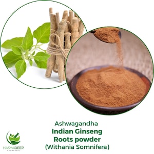K&ouml;nnte beinhalten: Ein Bild mit Ashwagandha Indian Ginseng Roots Pulver. Das Bild zeigt ein B&uuml;ndel getrockneter Wurzeln, die mit Schnur gebunden sind, frische gr&uuml;ne Bl&auml;tter und eine Sch&uuml;ssel mit braunem Pulver. Der Text lautet "Ashwagandha Indian Ginseng Roots powder (Withania Somnifera)".