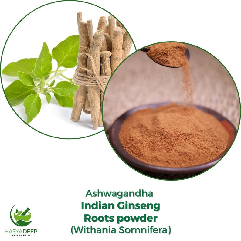 K&ouml;nnte beinhalten: Ein Bild mit Ashwagandha Indian Ginseng Roots Pulver. Das Bild zeigt ein B&uuml;ndel getrockneter Wurzeln, die mit Schnur gebunden sind, frische gr&uuml;ne Bl&auml;tter und eine Sch&uuml;ssel mit braunem Pulver. Der Text lautet "Ashwagandha Indian Ginseng Roots powder (Withania Somnifera)".