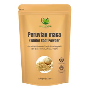 May include: A tan pouch of Peruvian maca (White) root powder. The package features the brand name "HASYADEEP AYURVEDIC" and product details. The package contains 100gm or 3.52 oz of powder. The image also includes the text "NON GMO | 100% NATURAL | VEGAN".