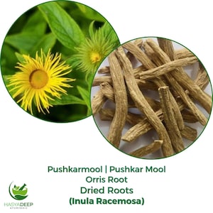 May include: An image featuring two circular insets. The left inset shows a yellow flower with green leaves. The right inset displays a pile of dried, beige-colored roots. Text at the bottom reads "Pushkar Mool, Orris Root, Dried Roots (Inula Racemosa)".