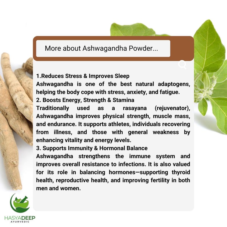 K&ouml;nnte beinhalten: Ein Bild von Ashwagandha-Wurzeln und einem Textfeld mit Informationen &uuml;ber Ashwagandha-Pulver. Das Textfeld ist braun und wei&szlig;, mit dem Titel "More about Ashwagandha Powder..." und Details zu seinen Vorteilen, einschlie&szlig;lich Stressabbau.