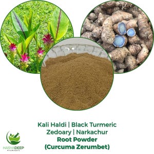 May include: An image showcasing Kali Haldi, also known as Black Turmeric, Zedoary, and Narkachur root powder. The image includes a close-up of the powder, fresh turmeric roots, and the plant with pink flowers and green leaves. The text reads: Kali Haldi | Black Turmeric Zedoary | Narkachur Root Powder (Curcuma Zerumbet).
