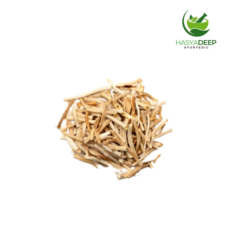 May include: A pile of light brown, dried, stick-like pieces, possibly herbs or roots, against a white background. The image includes a logo with green and white text that reads "HASYA DEEP AYURVEDIC".