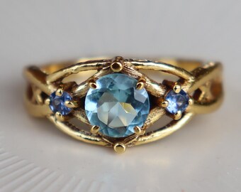 Nature Leaves Blue Topaz Ring, Tree Branches Inspired, 14K Gold Sapphire Ring