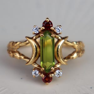 Long Hexagon Natural Peridot & Garnet Ring, 925 Silver Engagement Ring, Wedding Ring, Nature-Inspired Ring, Moon Leaves Ring For Her