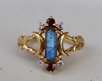 Labradorite Garnet Crescent Ring, 18k Gold Filled, Sterling Silver