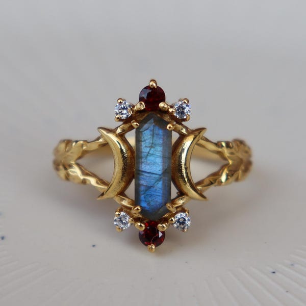 Labradorite Garnet Ring, 18k Gold Filled Ring , Long Bar Ring, Solitaire Crescent Ring, Dainty Ring, Engagement Jewelry, Gift For Her