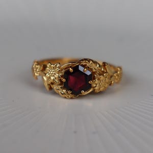 Antique Flower Garnet Ring, Gold Vermeil Engagement Ring, January Birthstone Sterling Silver