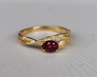 Vintage Twig Garnet Engagement Ring Dainty Promise Ring Leaf Unique Ring January Birthday Wedding Ring Gift, Gold Filled Ring For Women