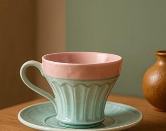 Lotus Flower Tea Mug with Saucer – Pink Cyan Crystal Glass