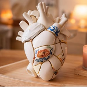 Puede incluir: Una escultura de corazón de cerámica blanca, ensamblada a partir de piezas rotas con detalles dorados. El corazón presenta detalles florales y azules en algunas secciones. Una pieza decorativa única.