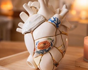 Anatomical Heart Vase – White Porcelain with Gold Kintsugi