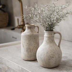 May include: Two beige ceramic vases with handles on a countertop. One is cylindrical, the other round with a wider base. The round vase holds dried, silvery-green branches. The vases have a textured, speckled finish. Ideal for home decor.