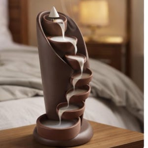 May include: A brown ceramic incense burner with a cascading waterfall design. The burner features a series of small bowls that create a flowing effect with the incense smoke. A white cone-shaped incense stick sits at the top.