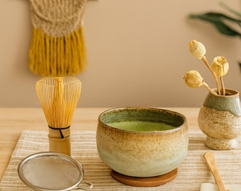 Handmade Vintage Green Flow Glaze Matcha Ceremony Set, Bowl and Bamboo Tools