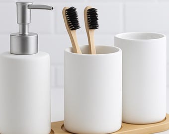 Ceramic Bathroom Set with Bamboo Base – 3-Piece Soap Dispenser, Toothbrush Holder and Soap Dish