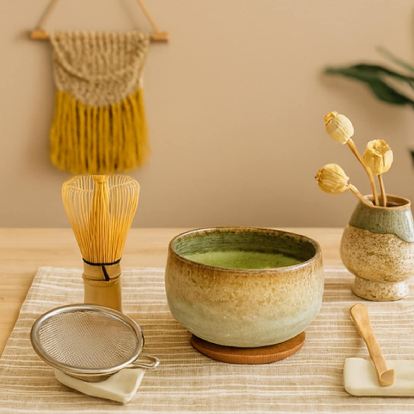 Handmade Vintage Green Flow Glaze Matcha Ceremony Set, Bowl and Bamboo Tools