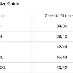 May include: A size guide table with the title "Size Guide". The table lists sizes S, M, L, XL, and XXL, with corresponding chest measurements in inches: 34/36, 38/40, 42/44, 46/48, and 50/52.