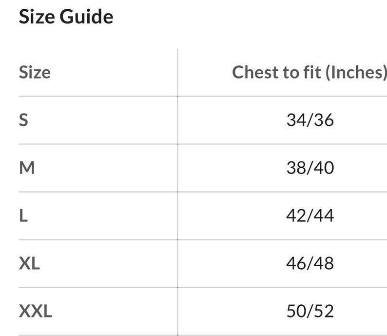 May include: A size guide table with the title "Size Guide". The table lists sizes S, M, L, XL, and XXL, with corresponding chest measurements in inches: 34/36, 38/40, 42/44, 46/48, and 50/52.