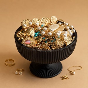 Pode incluir: Uma taça preta canelada com pedestal cheia de joias douradas variadas, incluindo contas tipo pérola, pedras de cor turquesa e um cabochão rosa. Vários anéis dourados soltos, brincos e uma delicada pulseira de corrente estão dispostos perto.