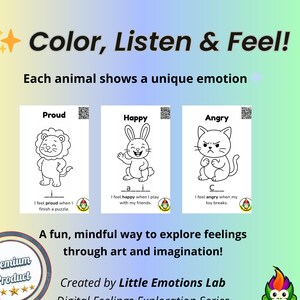 Livro de colorir de animais com emoções | Habilidades de enfrentamento para crianças (Download digital)