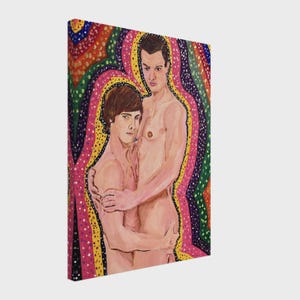May include: A canvas print featuring an original painting of two nude figures embracing. The artwork has a colorful background with rainbow-like stripes and dotted patterns. The figures are painted in natural skin tones.