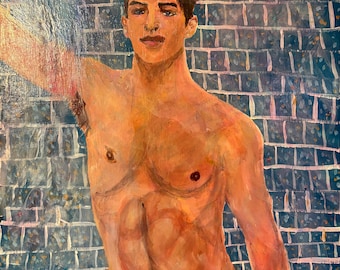 Come Into the Light – Original Acrylic Painting | Fine Art Jock Male Figure | Romantic Shower Scene |