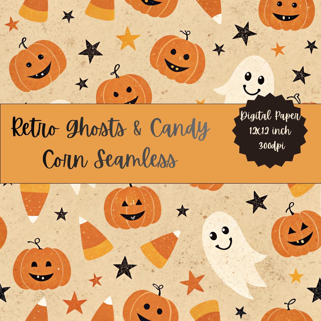 Retro Ghosts & Candy Corn Seamless Digital Paper, Vintage Halloween ...
