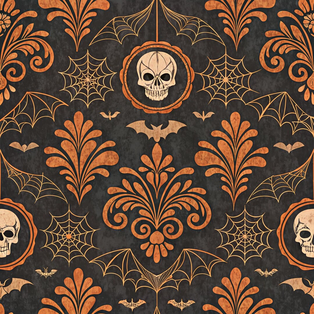 Gothic Damask Halloween Digital Paper, Vintage Grunge Skull Background ...