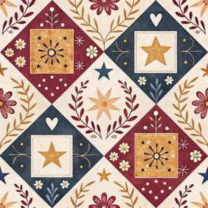 May include: A repeating pattern featuring a patchwork design with floral and star motifs. The pattern incorporates squares and diamonds in cream, navy, burgundy, and gold. The design includes stars, hearts, flowers, and stylized sunbursts.