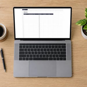 Könnte beinhalten: Ein silberner Laptop zeigt eine Tabelle mit dem Titel Balances mit Spalten für Mitarbeiter, E-Mail, Benutzer, Eingang und bezahlt, begleitet von einem schwarzen Stift, einer weißen Tasse mit schwarzem Kaffee und einer grünen Pflanze auf Holz.