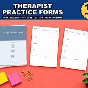May include: A set of 18 printable therapist practice forms in PDF format, including A4 and US letter sizes. The documents feature a cover page titled Therapist Practice Forms, a SOAP note template, and a BIRP note template with lined sections.