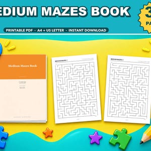 Medium Mazes Printable Book for Kids and Adults | 30 Maze Puzzles, Activity Pages (Digital Download)