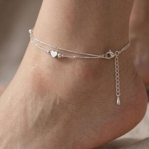 Double Layer Silver Anklets | Anklet Bracelet With Heart Charm | Adjustable Anklet Chain