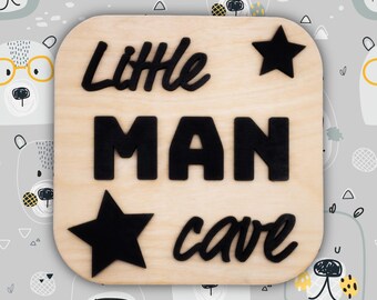 Cartello In Legno Little Man Cave Per Camera Bambino - 25 X 30 Cm, Decorazione Rustica, Con Gancio - 3