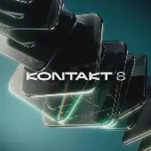 Könnte beinhalten: Abstrakte digitale Kunst mit dem Text "KONTAKT 8" in Weiß. Das Kunstwerk zeigt eine Reihe sich überlappender, geometrischer Formen in Schwarz und Grau, mit grünen Akzenten und einem türkisfarbenen Hintergrund. Das Design hat eine moderne, technologische Ästhetik.