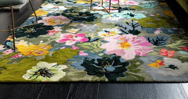 Hand Tufted Wool Floral Rug - Green Art Deco Cottagecore Decor - Etsy