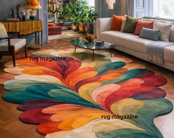 Vibrant Flower-Shaped Area Rug Irregular Floral Boho Living Room Decor Pink Red Tufted Wool